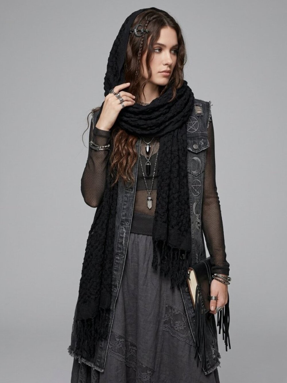 Black Sheer Gauze Fringe Long Scarf Lightweight Goth Grunge Mantilla Wrap